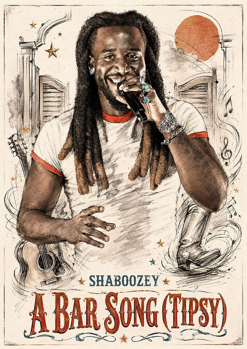 Detailed artistic illustration of singer Shaboozey performing, inspired by his hit A Bar Song Tipsy